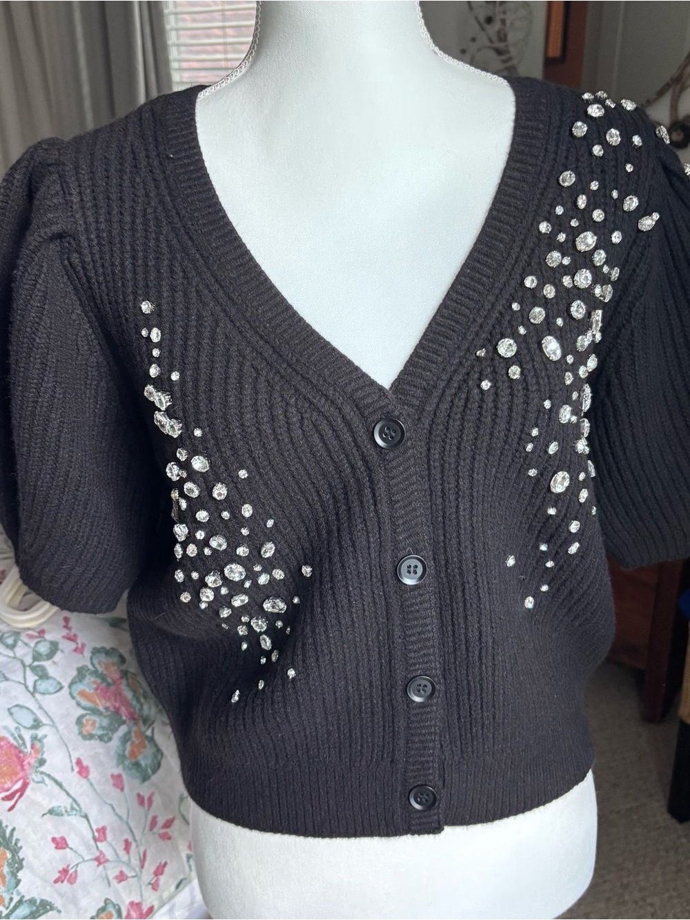 White House Black Market Black V-Neck Embellished Ribbed Cardigan
